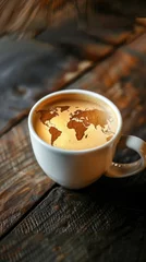 Fotobehang A conceptual photo of a cup of coffee with a world map formed in the foam symbolizing global coffee culture © AI Farm