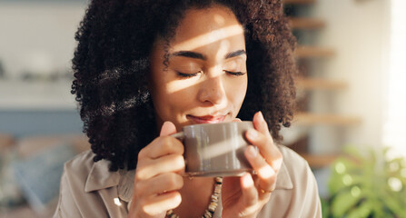 Smile, calm and woman with coffee by window in apartment for relaxing weekend morning routine....