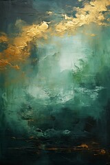 Emerald green and gold hues abstract painting with rich textures.