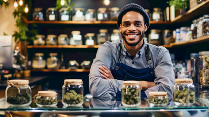 Smiling African American budtender, employee or owner of marijuana shop - obrazy, fototapety, plakaty