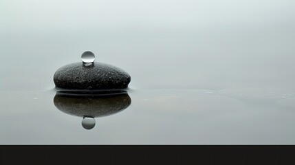 A smooth black pebble with a single drop of water