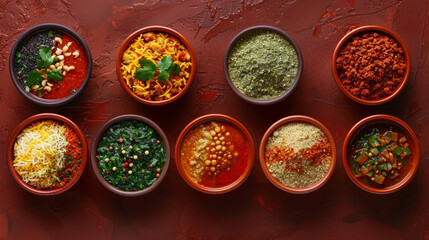 A top-down view of various colorful and spicy sauces, great for food and recipe usage
