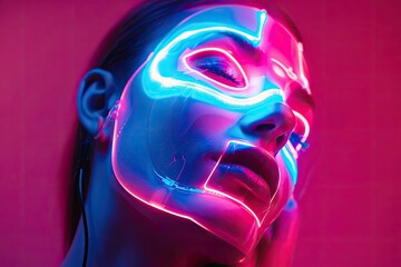 An innovative shot of LED light therapy mask use highlighting futuristic skincare