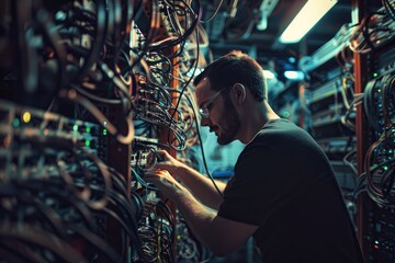 An IT specialist troubleshooting a network in a server room filled with cable management racks - obrazy, fototapety, plakaty