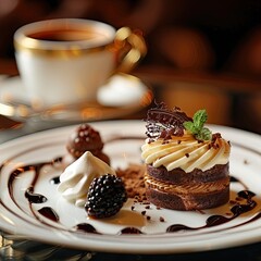 An elegant coffee and dessert pairing with a focus on the complementary flavors and presentation