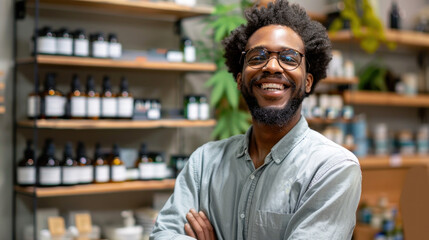 Happy African American man, marijuana user, frequent client of cannabis dispensary - obrazy, fototapety, plakaty