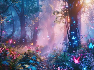 Enchanting fairy tale forest at dawn, vibrant colors with magical creatures, ethereal light - fantasy art style