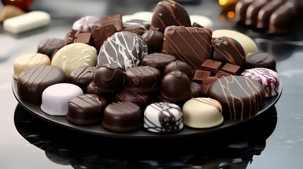 Assorted chocolate candies on a plate on a reflective surface.