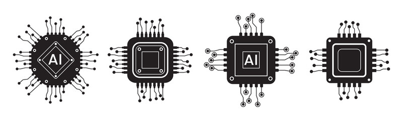 Vector computer electronic chip black shapes AI icons set. Silhouette microchip processor artificial intelligence, cpu, iot, big data isolated on white background.