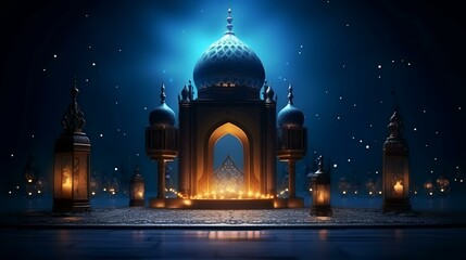 Ramadan Kareem's background with mosque and lanterns. 3D rendering