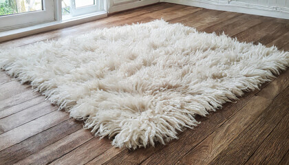 White shaggy carpet on brown wooden floor