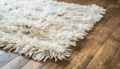 White shaggy carpet on brown wooden floor