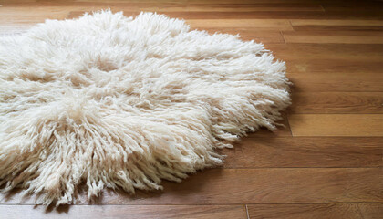 Fototapeta na wymiar White shaggy carpet on brown wooden floor