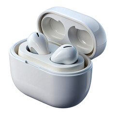 White wireless earphones in a case. The earphones are isolated on a white background.