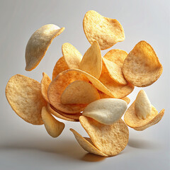 Falling potato chips on white background
