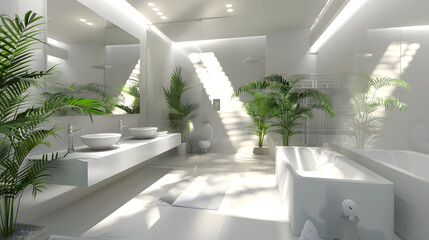 Elegant white bathroom design features sunlight filtering through, green plants, and reflective surfaces