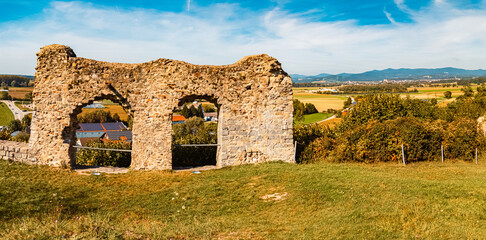 High resolution stitched autumn or indian summer panorama with ancient castle ruins near Winzer,...