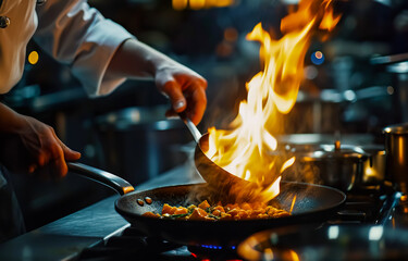 European professional chef showing skill of cooking food in kitchen area with hot fire.restaurant...