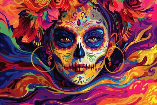 A colorful painting of a woman with a skull on her face. The painting is vibrant and full of life, with a mix of bright colors and intricate details