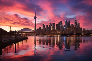 Fototapeta na wymiar Toronto skyline mirrored in water at sunset, creating a stunning afterglow