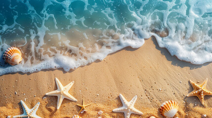Close-up of a sandy tropical beach with starfish and seashells washed by foamy sea waves, depicting a summer vacation scene.