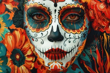 A woman with a painted face that has a skull on it. The skull is surrounded by flowers and the woman has red lips. The painting is colorful and has a festive mood