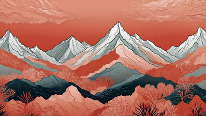 Illustration of mountains in vibrant coral hues, providing a luxurious touch for premium wallpaper, wall art decoration, and high-end advertising.
