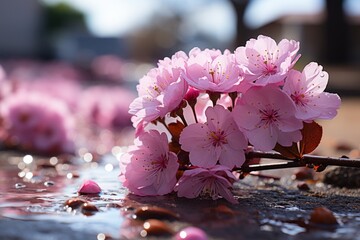 Pink flowers scattered on the ground in a natural landscape
