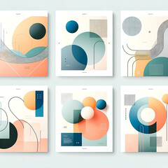 Modern abstract designs featuring geometric shapes, curvilinear lines, and pastel color palettes