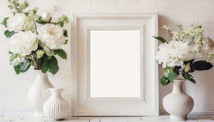Mock up square frame with home decor and potted plants. White shelf and wall. Copy space.