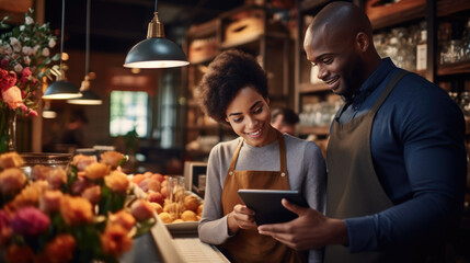 Cafe worker and manager smiling and engaging with each other while using a tablet