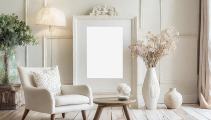 Mock up square frame with home decor and potted plants. White shelf and wall. Copy space.
