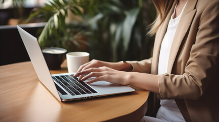 Fototapeta premium Woman is working on a laptop at a wooden desk in the office