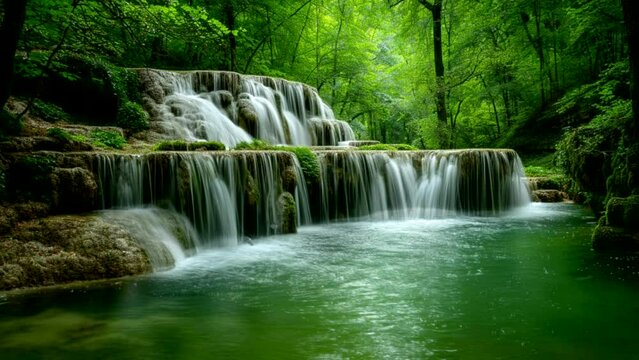 A beautiful view of a small waterfall in the middle of the forest with green leaves and green grass at sunrise. Seamless looping 4k time-lapse animation video background