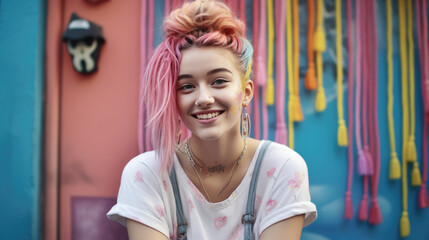 Fototapeta premium Smiling teenage girl with pink hair standing in front of a colorful, tassel-decorated background,