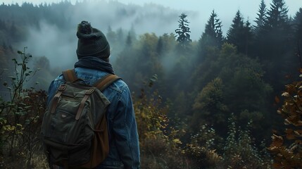 Misty Forest Exploration A Hiker in Denim and Beanie Embarks on a Cinematic Vintage Journey - obrazy, fototapety, plakaty