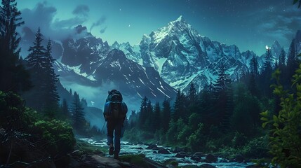 Nighttime Hiker at Mountains Base in Lush Forest