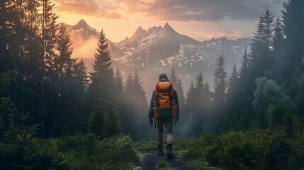 Seasoned Backpacker Traversing Verdant Forest at Sunset Hours with Frost-Kissed Mountain Peaks in the Distance