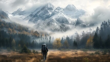Solitary Hiker in Misty Autumn Forest amidst Snow-Capped Mountains