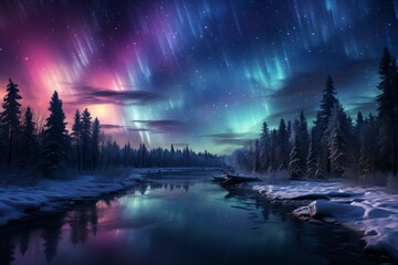 The aurora borealis illuminates the river in the forest under the night sky