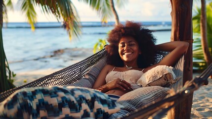 Black Woman with Afro Smiling in Hammock on Tropical Island Beach - obrazy, fototapety, plakaty