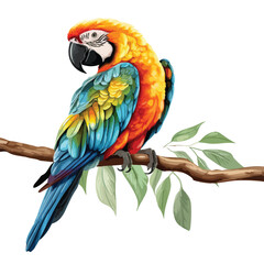 A colorful parrot perched on a branch preening 