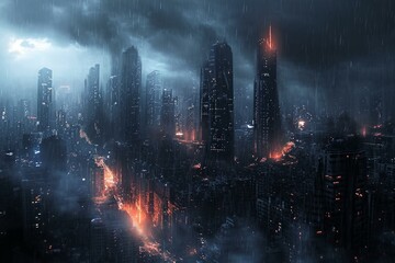 Apocalypse city dark. Street war smoke. Generate Ai - obrazy, fototapety, plakaty