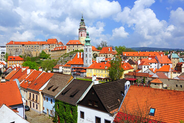 Fototapeta na wymiar Top view over the old Town of Cesky Krumlov, Czech Republic. UNESCO World Heritage Site. Europe
