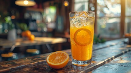 An orange juice glass with freshly squeezed juice at a tropical resort cafe