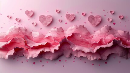 Paper cut hearts on a pink background for Valentine's Day.