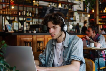 Obraz premium Young man wearing wireless headphones using laptop in cafe. Freelance working concept.