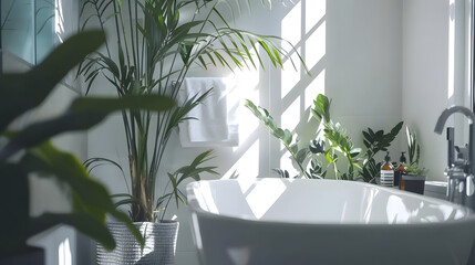 A serene, well-lit bathroom featuring sunlight filtering through and lush green plants surrounding a freestanding bathtub - obrazy, fototapety, plakaty