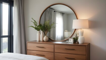 A captivating close-up of a large round mirror hanging above the dresser, reflecting the serene ambiance of the bedroom and doubling the visual space, while adding a touch of modern elegance to the de