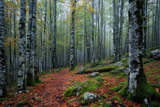 Green hour atmosphere in the forest during a rainy autumn day at Lake Cei, northern Italy.